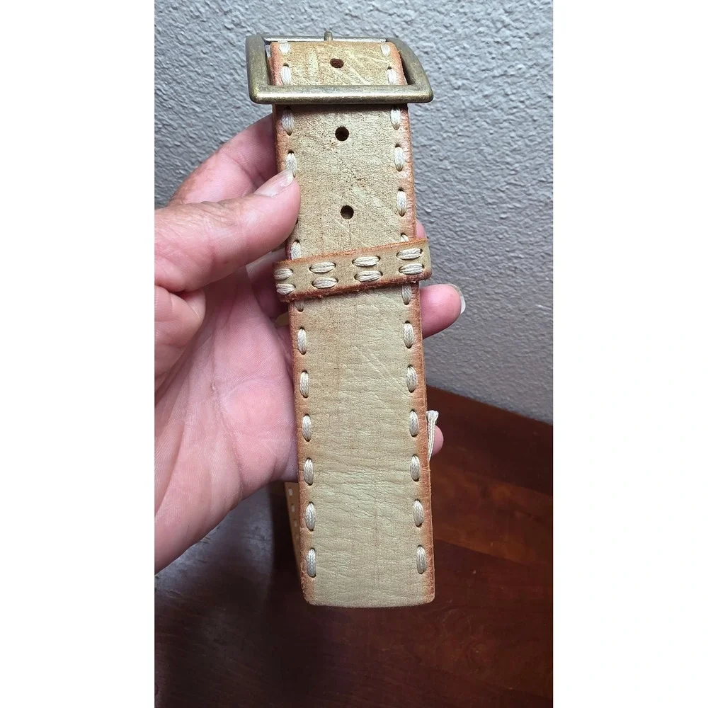 Brave Beltworks Leather Belt Mens 34 Tan Whipstitch Brass Buckle Canada Made